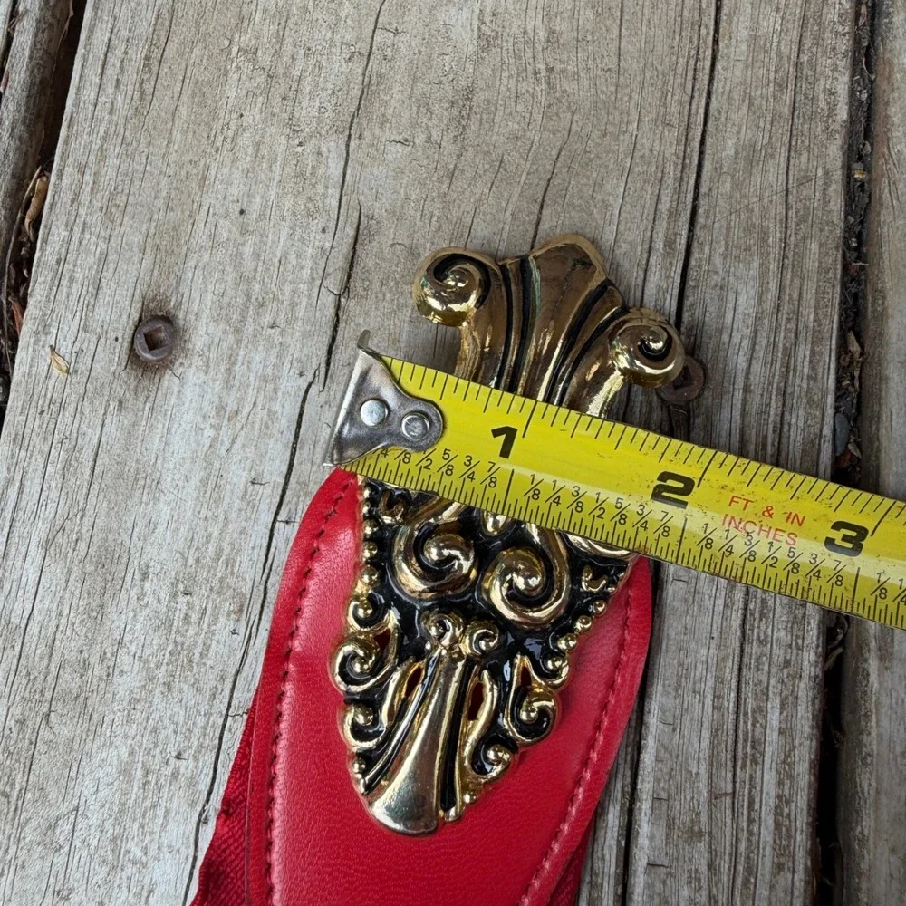 Vintage 80s Red Elastic Cinch Belt Gold Baroque Filigree Buckle Statement